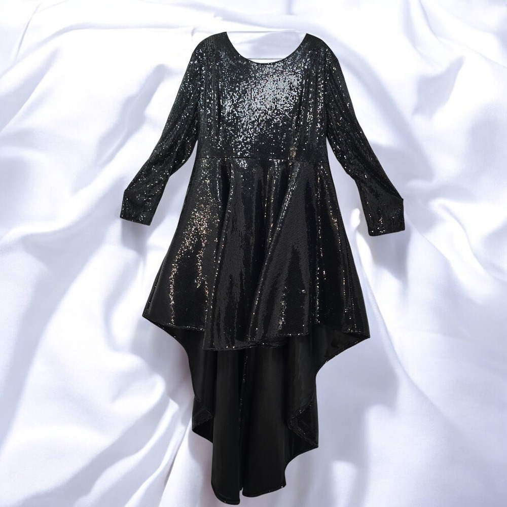 Eien Sequin Dress Gown Party Cocktail Hi-Lo Long Sleeve Woman 2XL Black, Glamour